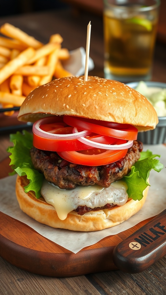 Juicy Turkey Burger Recipe for Family Dinners A close-up of a juicy turkey burger with lettuce, tomato, and onion on a toasted bun, served with fries.